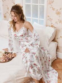 CottageSlumber Romantic Floral Print Lace Trim Camisole Nightgown And Robe Satin Pajama Set, Winter Clothes - Multicolor - View 4