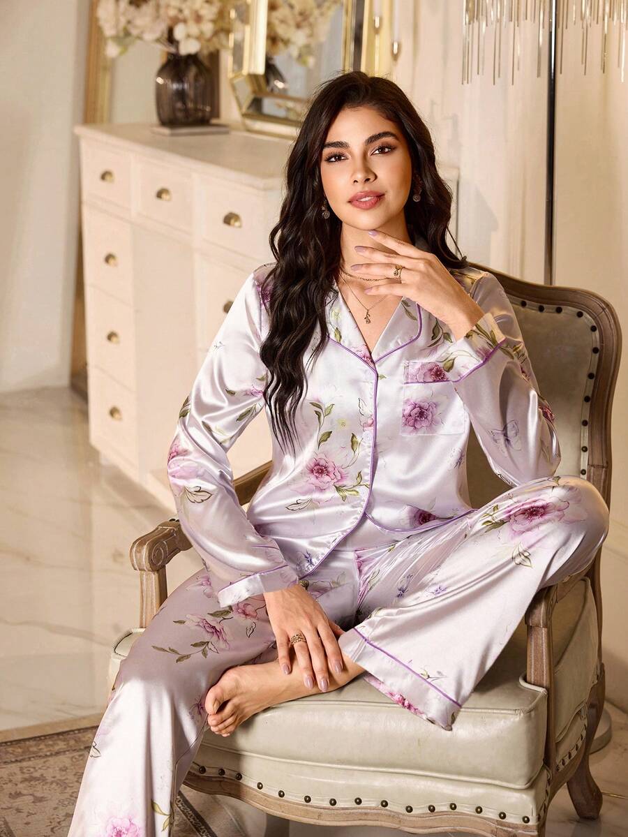 SHEIN 花卉印花仿丝绸翻领女士长袖上衣和裤子睡衣套装，薰衣草色睡衣套装，新娘睡衣套装，秋冬服装 - 紫色 - 查看 1