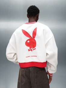 PLAYBOY X SUMWON Áo nỉ crop top phong cách Varsity hợp tác với viền gân và thiết kế in logo - trắng - Xem 1