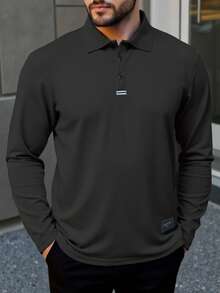 Manfinity Homme 加大码男士休闲日常按扣贴片半开襟 Polo 衫高尔夫球衫，黑色和卡其色可选，男士 Polo 衫，修身领长袖 Polo 衫 - 深灰色 - 查看 3