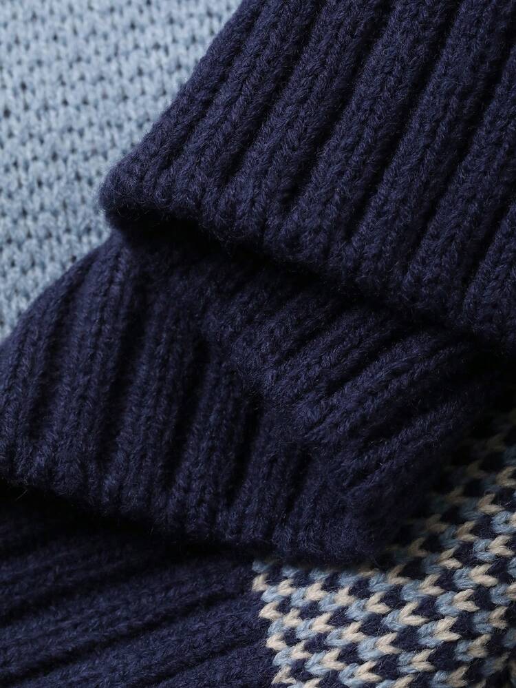 Men's Letter Pattern Jacquard Cardigan, Navy Blue, Autumn/Winter,New Year,Christmas