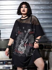 ROMWE Grunge Punk Váy lưới rộng họa tiết guitar punk rock cỡ lớn - màu đen - Xem 1