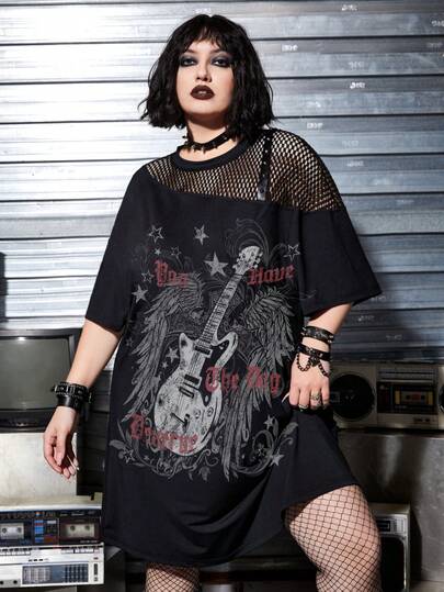 Grunge Punk Plus Size Punk Rock Guitar Graphic Loose Mesh Patchwork Dress