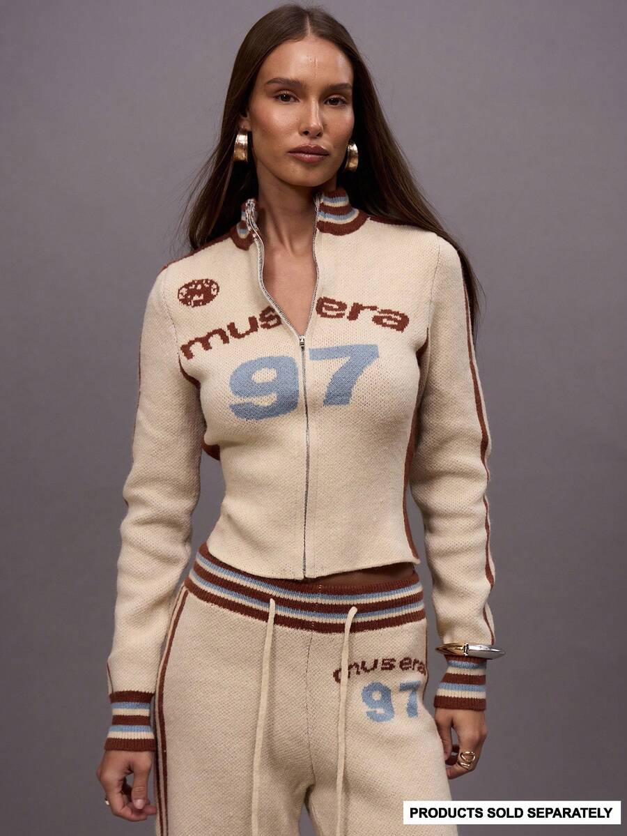 MUSERA High Neck Zip Through  Graphic Knit Sweater Cardigan Only Autumn Fall Winter Night Out Going Out Streetwear Cute Back To School Sexy Uncut Evening Party Elegant   Spring Y2K - Multicolor - View 1