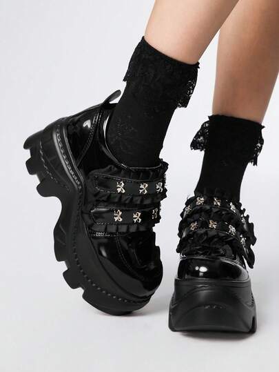 Grunge Punk Women's Y2K Punk Rock Lace-Up Chain Goth Shoes, Black Loafers, Lace-Up Mary Jane Flats, Formal Work Shoes, Platform & Wedge Heels