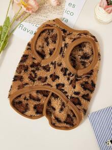 PETSIN 1pc Pet Cat And Dog Universal Fashionable Brown Leopard Print Double-Sided Elastic Plush Comfortable Warm Open Button Dog Sleeveless Jacket