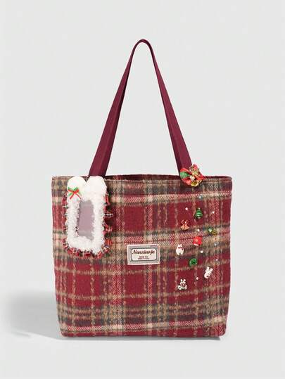 Kawaii A Cute Christmas Wine Red Plaid Tote Bag, A Large Capacity Autumn And Winter Woolen Shoulder Bag, A High-End Christmas Bow, A Reind, A Plush Card Holder Decorated Handbag