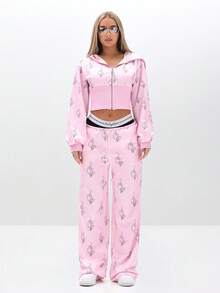 BABYPHAT Zip Through Hooded Sweatshirt With Cat Logo Print And Ribbed Hem For Casual Streetwear Style - Pink - View 3