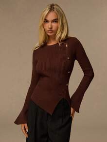 Glamine Women's Slim Fit Waist Design, Hem Slit Metal Button Decor, Casual Round Neck Long Sleeve Pullover Sweater - Brown - View 1