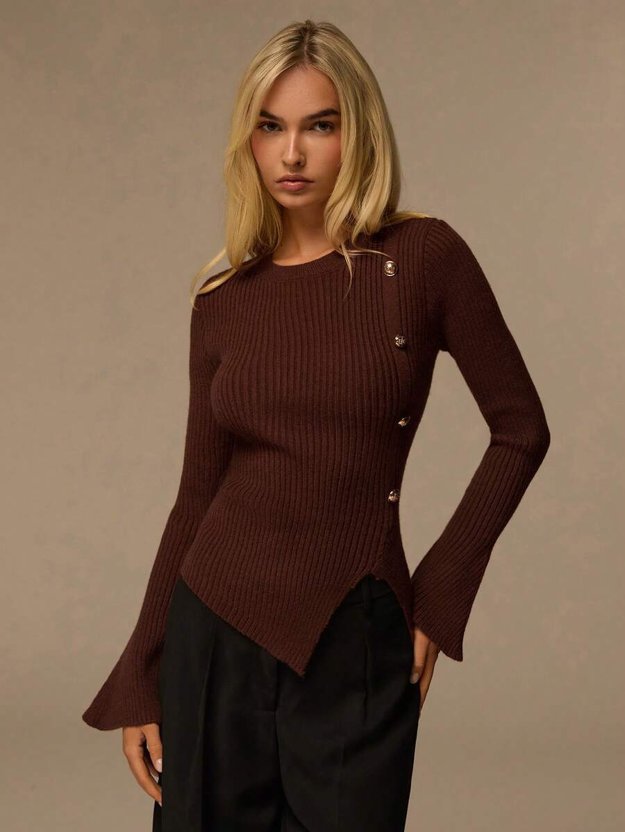 Glamine Women's Slim Fit Waist Design, Hem Slit Metal Button Decor, Casual Round Neck Long Sleeve Pullover Sweater - Brown - View 1