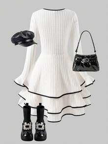 SHEIN 1pc Girls Contrast Color Collar Detachable Bow Long Sleeve Flare Cuff 3-Tier Casual Dress, Autumn - Apricot - View 2