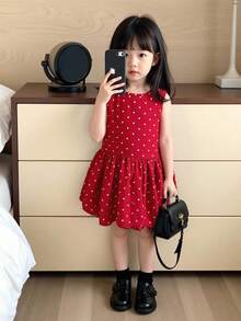 SHEIN 2025年女婴波点无袖公主裙，夏季休闲连衣裙 - 紅色 - 查看 7