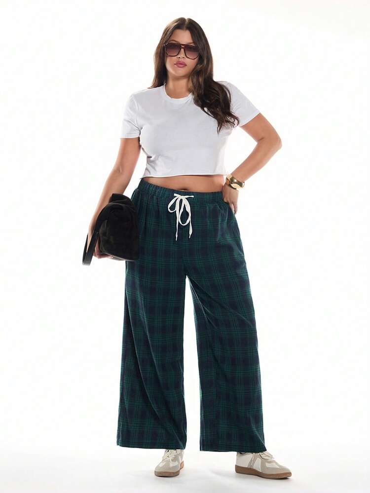 Solavibe Pantalones casuales de corte holgado con estampado de cuadros verdes, de ajuste relajado, adecuados para tallas grandes, para otoño/invierno - Multicolor - Añade 2