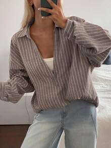 DAZY Women's Loose Casual Striped Shirt, Autumn/Winter - Khaki - View 4