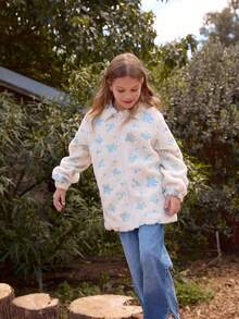 SHEIN Chaqueta con cuello alto, manga larga, con cremallera, de forro polar, con bordado floral, de estilo casual y elegante para niñas, para otoño/invierno - Blanco - Ver 9