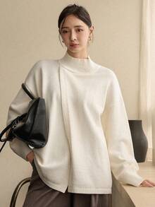 Dazy-Less Women's Loose Business Casual Asymmetric Collar Pullover Sweater, Basic Solid Color Minimalist Design, Suitable For Autumn And Winter - Beige - View 5