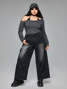 ROMWE Goth Plus Size Women Casual Grunge-Punk Distressed Five-Pointed Star Washed Loose Straight Leg Jeans, Vintage Wash Denim Pants For Autumn/Winter - Black - View 2