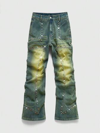 Street Life Jeans acampanados casuales de uso diario para hombres con aplicaciones de rhinestones lavados