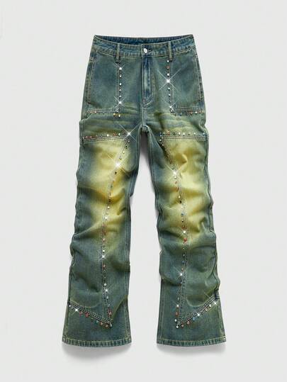Street Life Jeans évasés décontracté de tous les jours pour hommes avec ornements de strass lavés