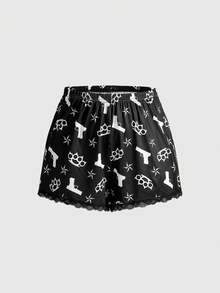 ROMWE Gothic Lace Fingerless Gloves, Pentagram Pattern Casual Cute Cartoon Funny Pajama Shorts Set - Black - View 5