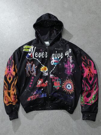 Street Life Men's Casual Letter & Cartoon Graphic Zip-Up Hoodie Sweatshirt, Autumn