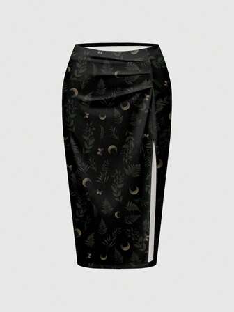 Plus Size High Slit Gothic Style Dark Goth Leaf, Sun & Moon Print High SlSkirtirt