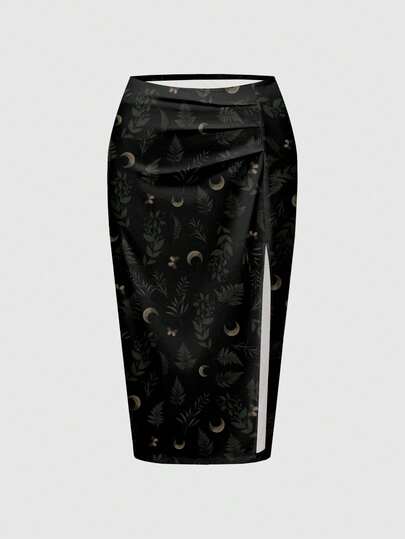Plus Size High Slit Gothic Style Dark Goth Leaf, Sun & Moon Print High SlSkirtirt