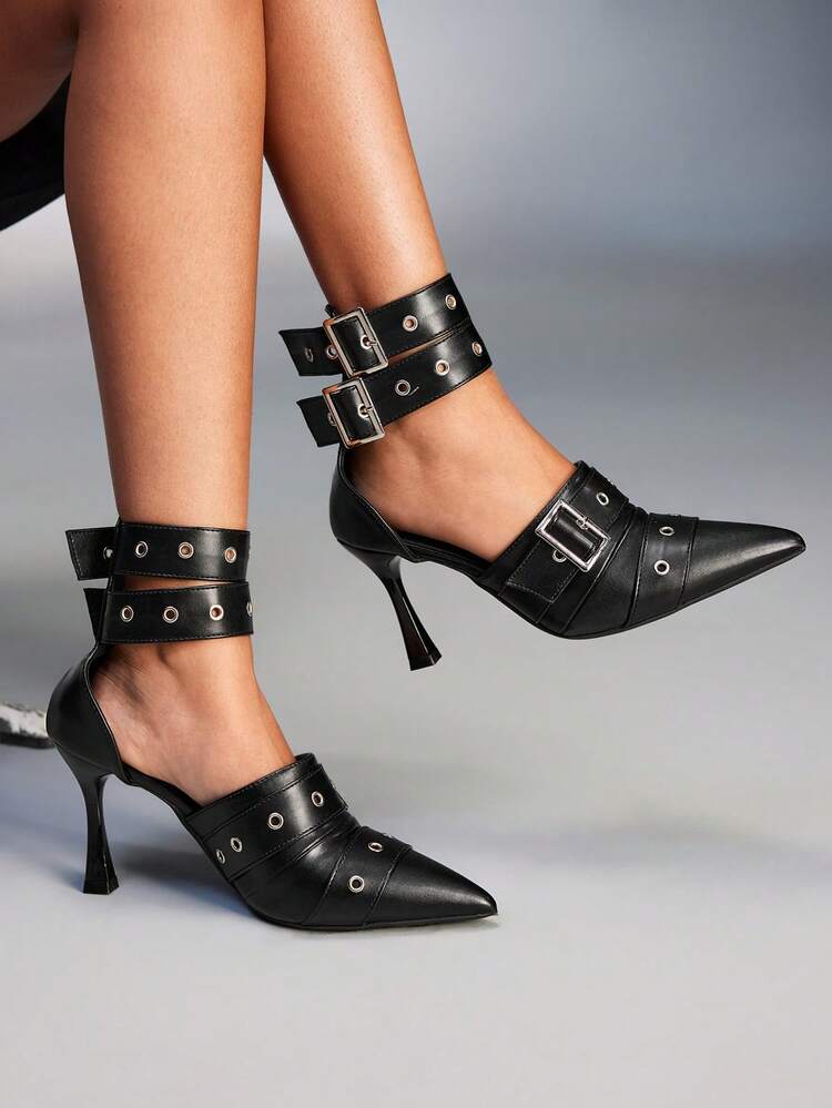 CUCCOO GRLICON Black Strap High Heel Pointed Toe Sandals, European & American Style, Suitable For Halloween, Christmas, Party, Y2K Outfit, Plus Size