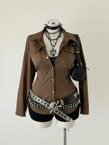 Sunspun Modisches Slim Fit Langarm Casual Utility Goth Große Größen Damenhemd