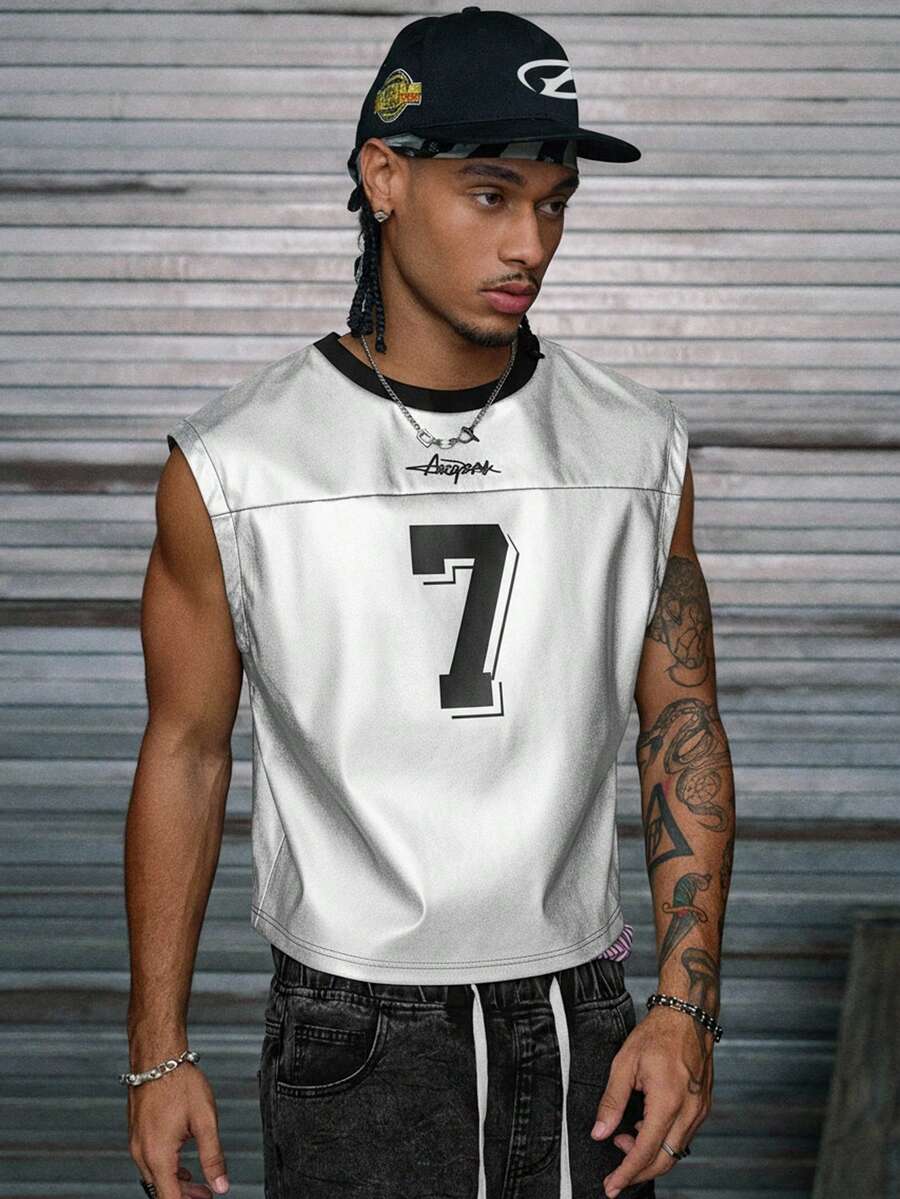 AXEPEAK Men's Knitted Casual Loose Sleeveless Printed Numeric Tank Top, Fashion & Daily Wear - Silver - View 1