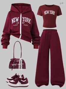 Sparklyn Zestaw 3 szt./zestaw dla nastolatek, dziewczęcy, uniwersalny, termiczny, podszyty, zapinany na zamek błyskawiczny zestaw z koszulką z nadrukiem i rozkloszowanymi spodniami, odpowiedni na jesienno-zimowe spacery na świeżym powietrzu, zakupy, dojazdy do pracy, można sparować z ocieplaną kurtką - Burgund - Zobacz 1