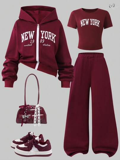 Sparklyn 3pcs/Set Teens Girls Casual Versatile Thermal Lined Zip-Up Jacket & Letter Print Tee & Flared Pants Set, Suitable For Autumn/Winter Outdoor Walking, Shopping, Commuting, Can Be PairPadded Coatn Jacket