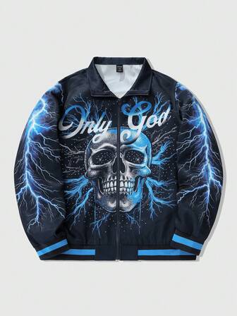 Street Life Chaqueta con cremallera con estampado de esqueleto y relámpago, estilo casual y urbano para hombre, para primavera/otoño