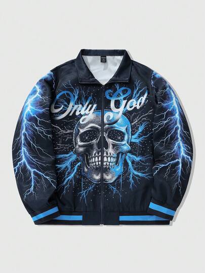 Street Life Herren Lässige Mode Street Punk Halloween Skelett & Blitz Grafik Reißverschluss-Jacke, Frühling/Herbst