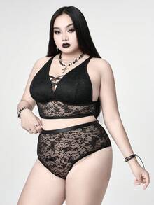 ROMWE Plus Size Gothic Butterfly Lace Trim Bralette & High Waist Panty Set - Black - View 4