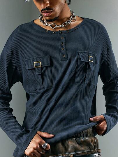 ROMWE MEN Casual Camiseta de manga larga de cuello redondo con estilo punk para hombre, otoño