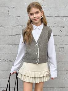 Tween Girl Contrast Lace Button Up Cardigan, Back To School For Tween Girl Autumn/Winter Look Fall - Grey - View 8