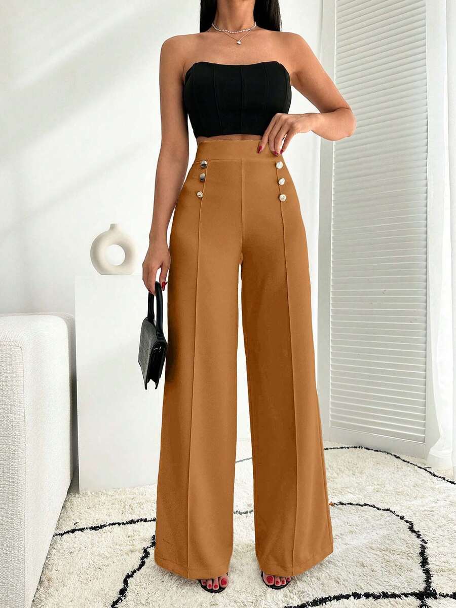 EURMUSE Pantalón palazzo de pierna ancha blanco con detalle de botones - Camel - Ver 1
