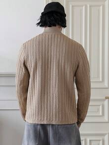 Manfinity Homme Men's Casual Solid Color Long Sleeve Polo Shirt, Versatile For Winter Mock Neck Old Money - Khaki - View 2
