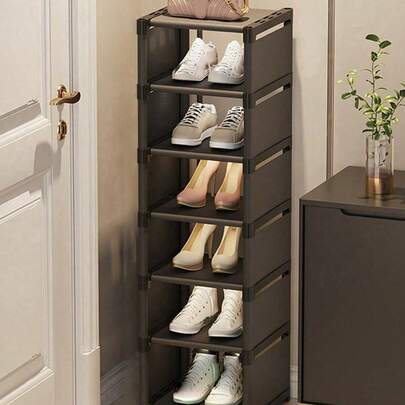 1个8层窄鞋架，垂直置物架，稳固收纳架，节省空间，坚固易DIY，无纺布金属独立式置物架，适用于衣柜、玄关、走廊、卧室、秋季装饰、圣诞节装饰、男孩背包、万圣节、书包。透明背包，适合上学、万圣节服装。