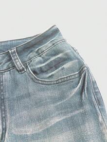 ROMWE Grunge Punk Quần jeans ống loe thêu họa tiết Punk cỡ lớn co giãn thường ngày cho nữ - Rửa nhẹ - Xem 3