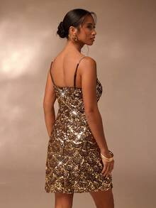 Glamine 女士亮片迷人时尚细肩带迷你连衣裙，适合派对场合 - 咖啡 - 查看 2
