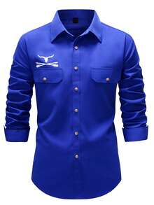 Manfinity Nomadique Stylish Men's Royal Blue Regular Length Long Sleeve Western Cowboy Shirt With Graphic Print And Pockets - Royal Blue - View 3