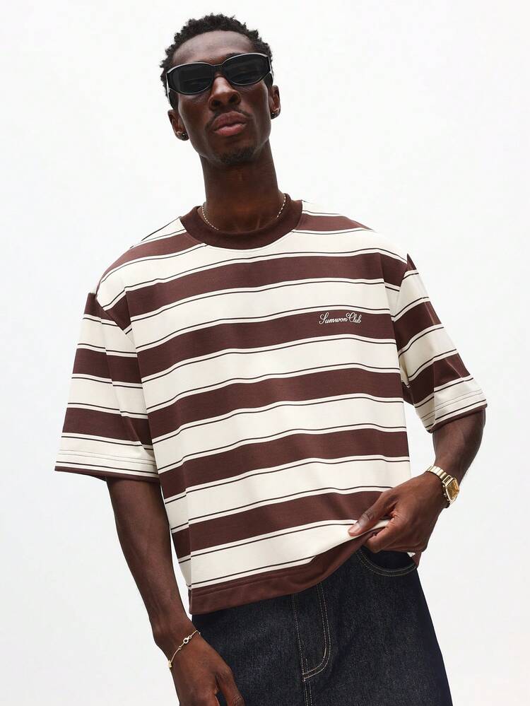 Oversized Striped Text Tee With Crew Neck