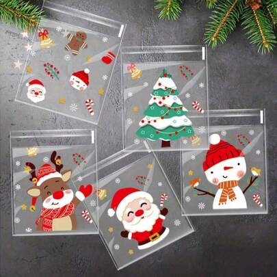 100个圣诞糖果袋 - 自封式一次性OPP糖果饼干袋，带有节日卡通图案，适用于节日送礼、圣诞装饰、圣诞礼物、圣诞派对用品、圣诞礼品袋、圣诞袋、圣诞贴纸、圣诞节、圣诞装饰、圣诞睡衣、圣诞礼物、圣诞装饰