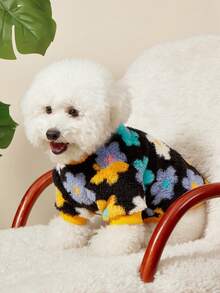 PETSIN 1pc Pet Cat Dog Universal Color Flower Pattern Printed Cute Double Sided Elastic Plush Comfortable Warm Dog Round Neck Hoodie