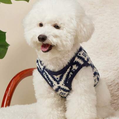 PETSIN 1件宠物猫狗通用时尚经典几何印花双面弹力毛绒舒适保暖开襟纽扣狗狗无袖外套