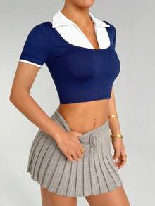 Gameset SHEIN Sport Camiseta deportiva ajustada y acortada con bloqueo de color y empalme 2 en 1 - Azul Marino - Ver 1