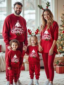 SHEIN LUNE 2 Stücke/Set Damen Lässig Minimalistisch Roter Weihnachtsbaum Muster Langarm T-Shirt und Leggings, geeignet für Weihnachten, Party, Weihnachtsrentier, Weihnachtsfeier, Familienfeier, Passende Familie, Paare, Schwestern - Verschiedenfarbig - Übersicht 1