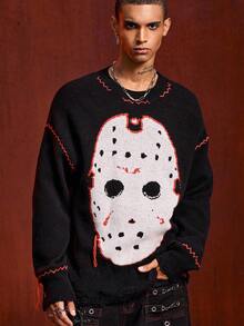 ROMWE MEN Friday the 13th X ROMWE Men's Mask Pattern Crew Neck Long Sleeve Pullover Sweater, Winter - Black - View 1